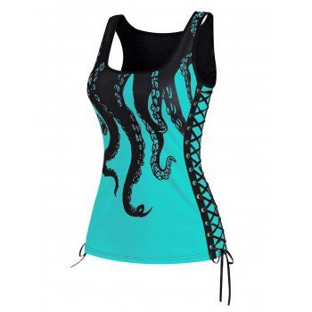 

Vacation Lace Up Octopus Print Scoop Neck Tank Top, Light green
