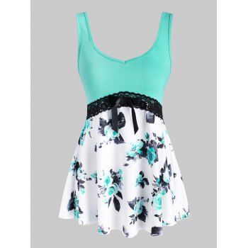 

Flower Print Lace Insert Bowknot Tank Top, Light green