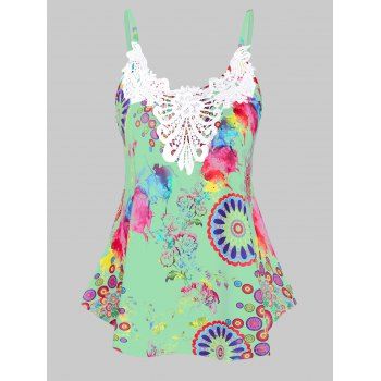 

Colorful Flower Print Lace Insert Cami Tank Top, Light green