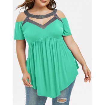 

Sparkly Cut Out Open Shoulder Plus Size Top, Green