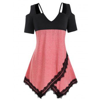 

Plus Size Cutout Cold Shoulder Eyelash Lace T Shirt, Light pink
