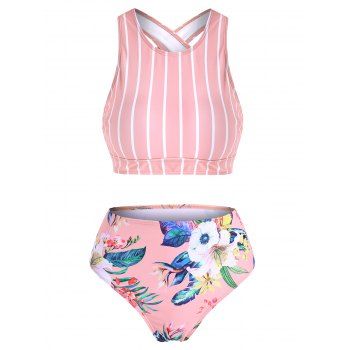 

Striped Crisscross Floral Tankini Swimwear, Light pink