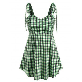 

Plus Size Tie Shoulder Plaid Ruched Tank Top, Light green