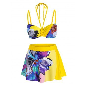 

Plus Size Flower Halter Push Up Skirted Bikini Swimwear, Yellow