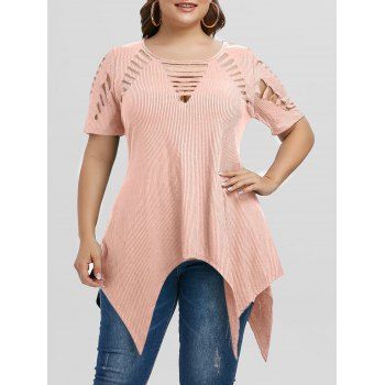 

Plus Size Asymmetric Ribbed Ripped Cutout Tunic Tee, Pink