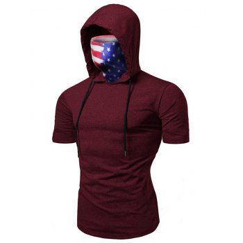 

American Flag Mask Hooded Drawstring Short Sleeve T-shirt, Deep red