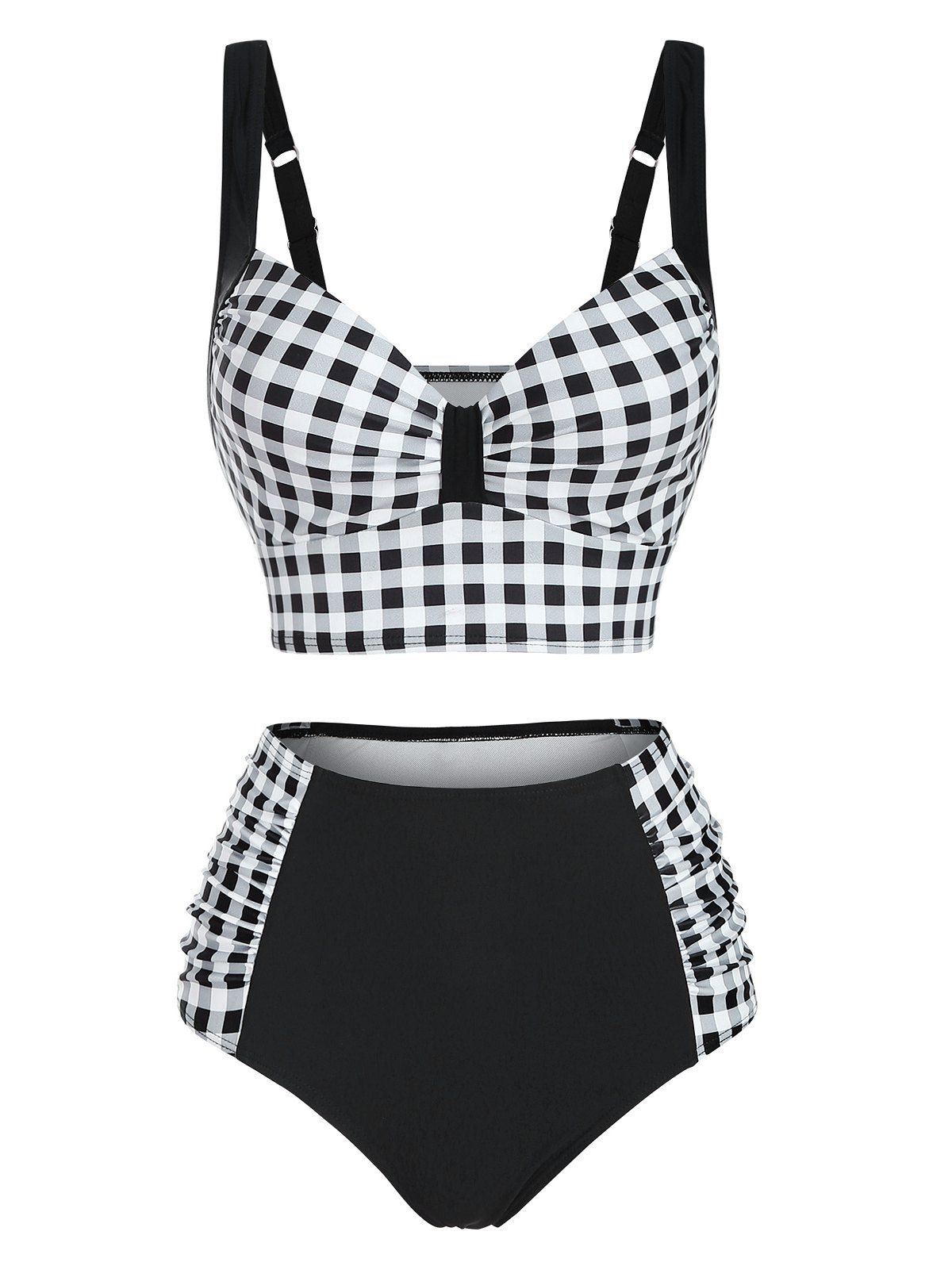 Summer Beach Tankini Swimwear Gingham Plaid Print Push Up Swimsuit Ruched High Rise Tummy Control Bathing Suit - BLACK M