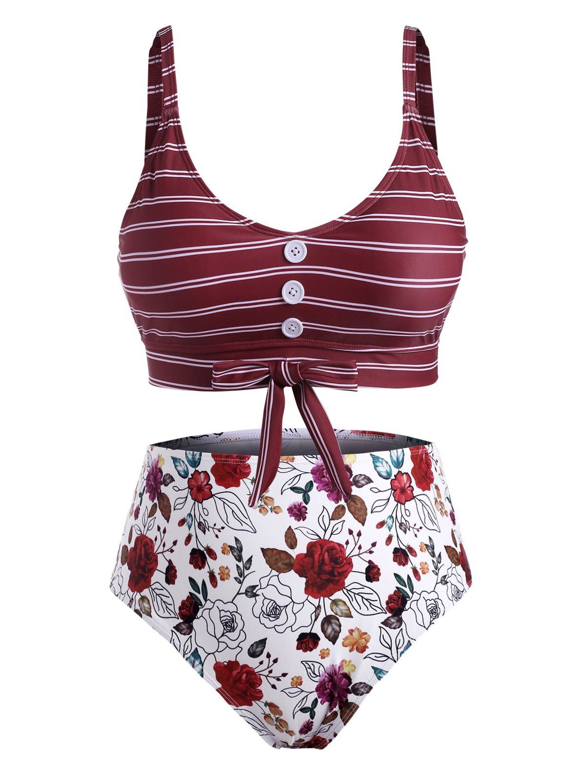 

Tie Hem Buttons Stripes Floral Plus Size Tankini Swimwear, Red