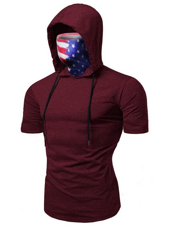 American Flag Mask Hooded Drawstring Short Sleeve T-shirt - DEEP RED 3XL