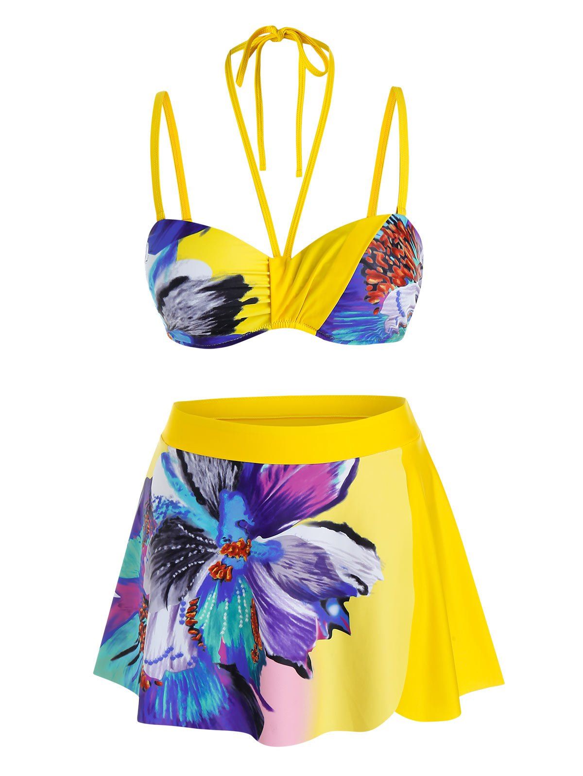 Plus Size Flower Halter Push Up Skirted Bikini Swimwear - YELLOW 5X