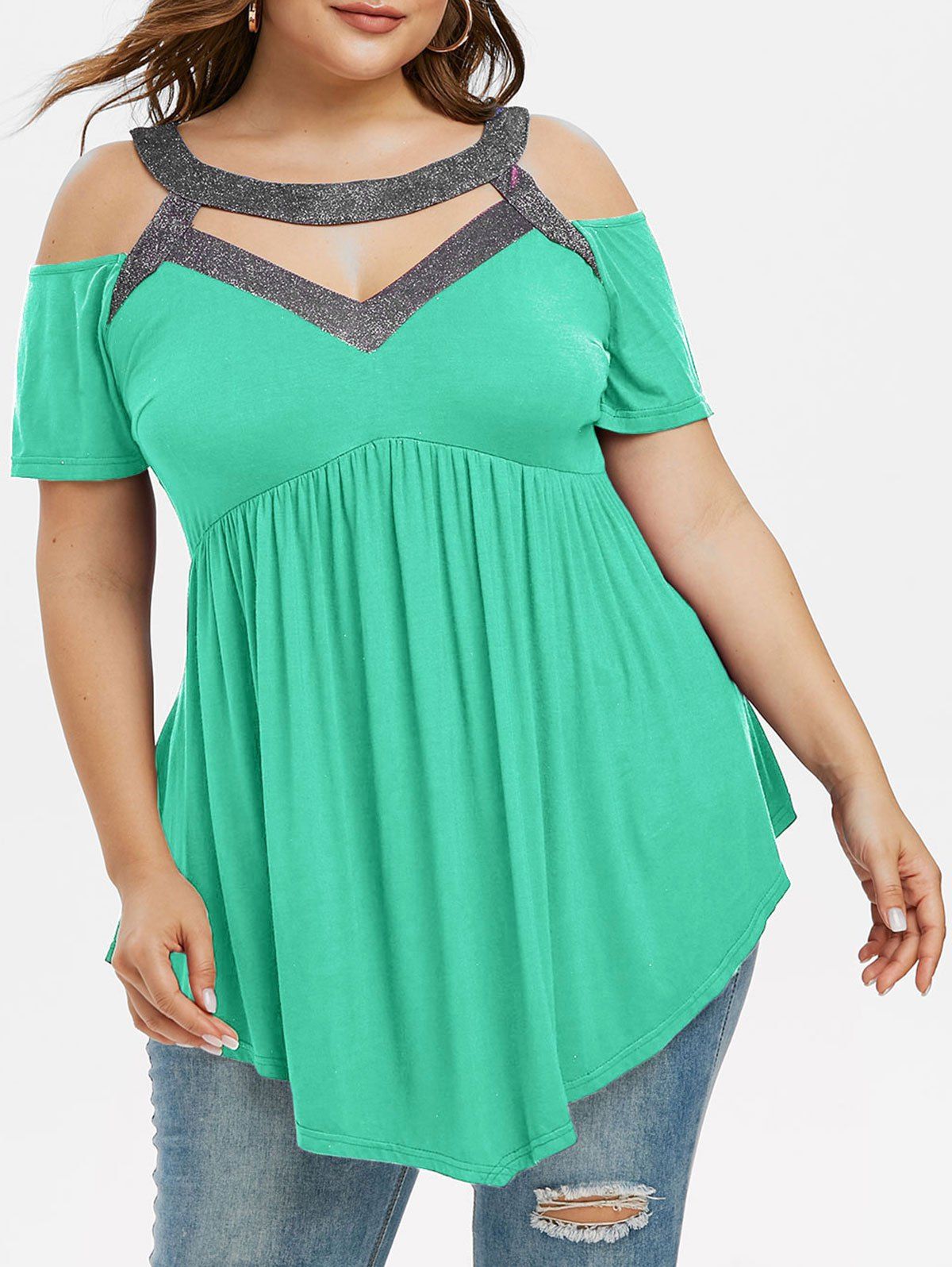 

Sparkly Cut Out Open Shoulder Plus Size Top, Green