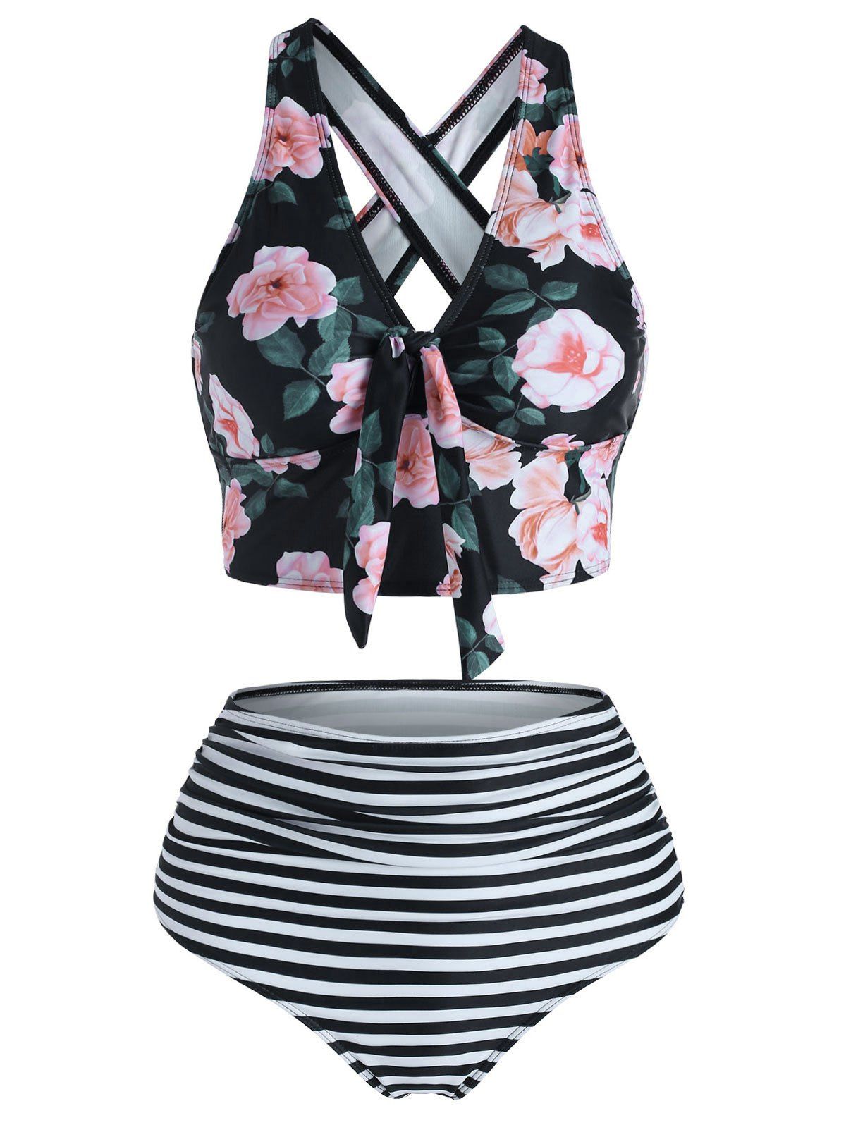 Floral Striped Ruched Crisscross Tankini Swimwear - BLACK M