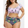 Maillot de Bain Deux-Pièces à Taille Haute Oiseaux et Ananas Imprimés Grande-Taille - Mauve L