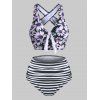 Maillot de Bain Tankini Fleur Rayé Noué Croisé - Noir XL