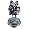 Floral Striped Ruched Crisscross Tankini Swimwear - BLACK M