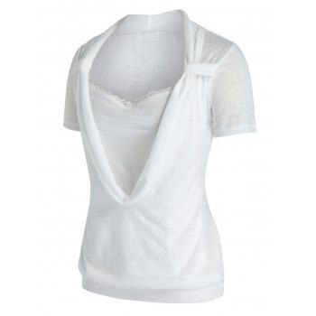 

Plus Size Lace Splicing Cowl Front Marled T Shirt, White