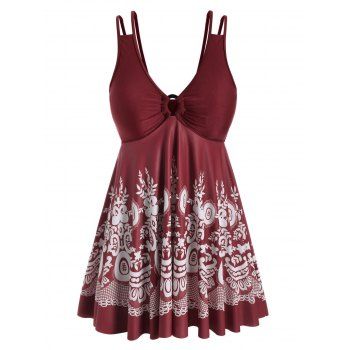 

Plus Size O Rings Printed Empire Waist Tankini Swimwear, Red wine