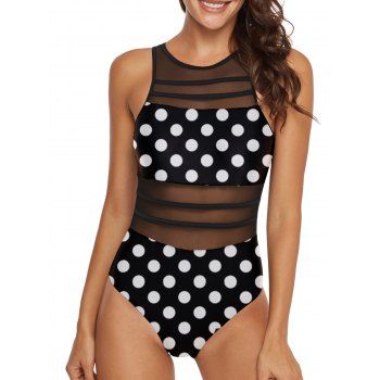 

Polka Dot Cutout Mesh Panel Sheer One-piece Swimsuit, Black