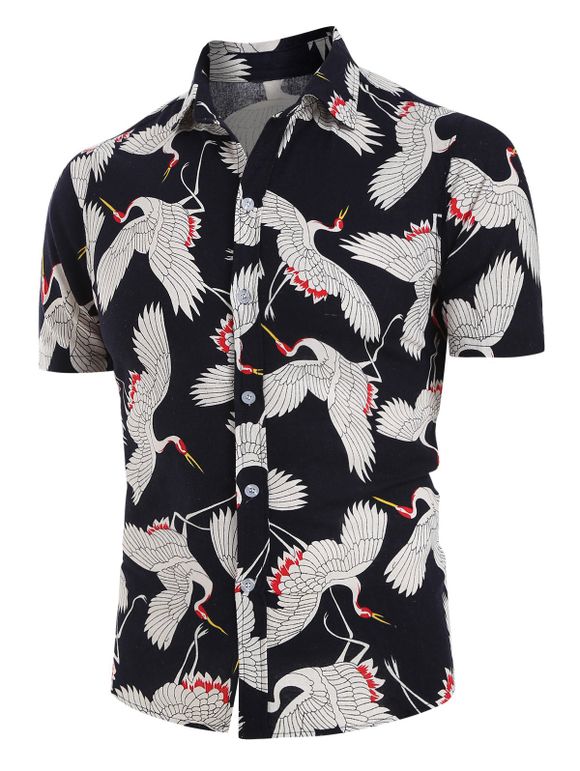 Chemise Boutonnée à Imprimé Grue en Lin - Noir 2XL