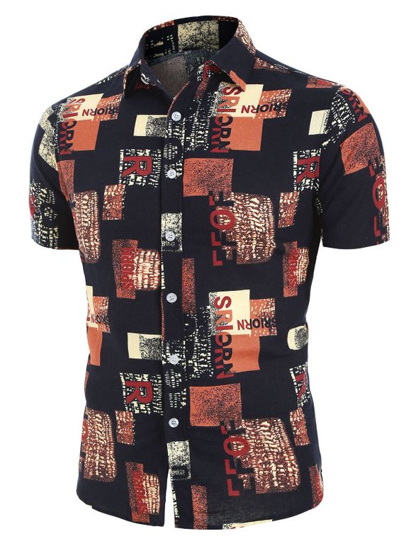 Chemise Motif de Lettre à Manches Courtes en Lin - Noir 2XL
