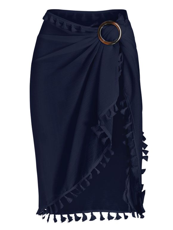 Tassel See Thru Wrap Sarong Cover Up Skirt - DEEP BLUE ONE SIZE