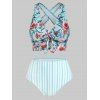 Flower Striped Vacation Swimsuit Cross Knotted High Rise Tankini Swimwear - LIGHT GREEN XL