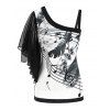 T-shirt Plume et Note de Musique Imprimées Manches Papillon à Col Oblique - Noir XL