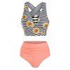 Tummy Control Swimsuit Sunflower Zig Zag Print Criss Cross High Waist Tankini Swimwear - LIGHT PINK S