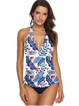 Flower Leaf Print Backless Frilled Tankini Swimwear