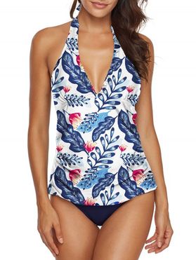Flower Leaf Print Backless Frilled Tankini Swimwear
