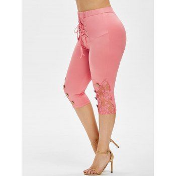 

Plus Size Floral Lace Mesh Mock Button Lace Up Pants, Light pink
