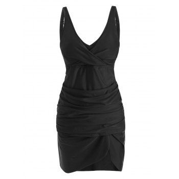 

Twisted Slit Ruched Skirted Tankini Swimwear, Black