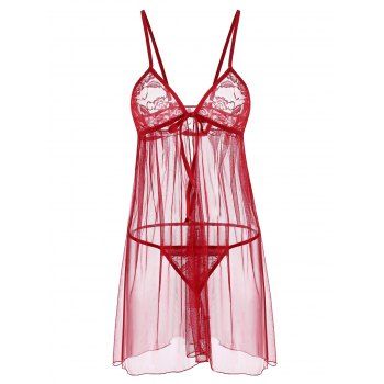 

Lace Mesh Panel Flyaway T-back Lingerie Babydoll, Red