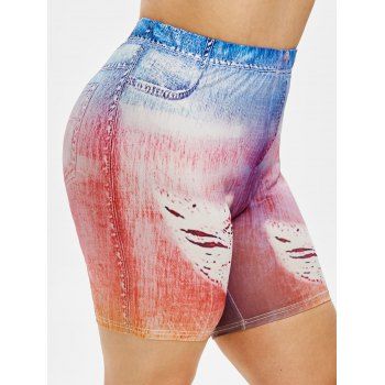 

Plus Size 3D Denim Print Skinny Shorts, Light blue