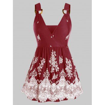 

Plus Size Flower Print D-ring Skirted Cami Tank Top, Red wine
