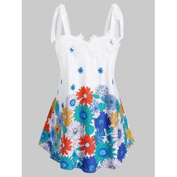 

Plus Size Flower Print Tie Shoulder Applique Tank Top, White