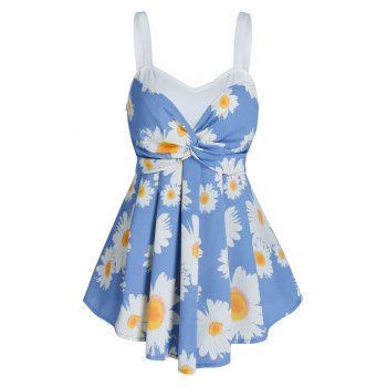 

Flower Print Twist Front Pleated Tank Top, Cornflower blue