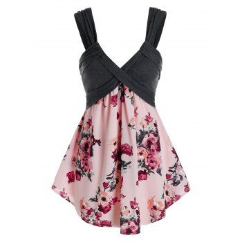 

Plus Size Flower Print Plunge Backless Tunic Tank Top, Light pink