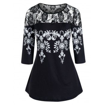 

Plus Size Lace Panel Sheer Yoke Printed Tunic Tee, Black