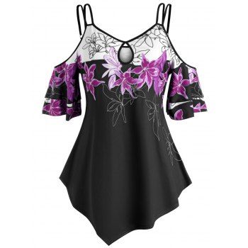

Floral Open Shoulder Strappy Plus Size Top, Black