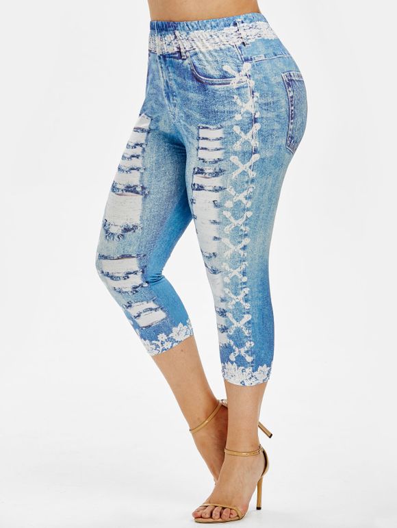 Legging Capri Moulant 3D Jean Imprimé de Grande Taille - Bleu clair 5X