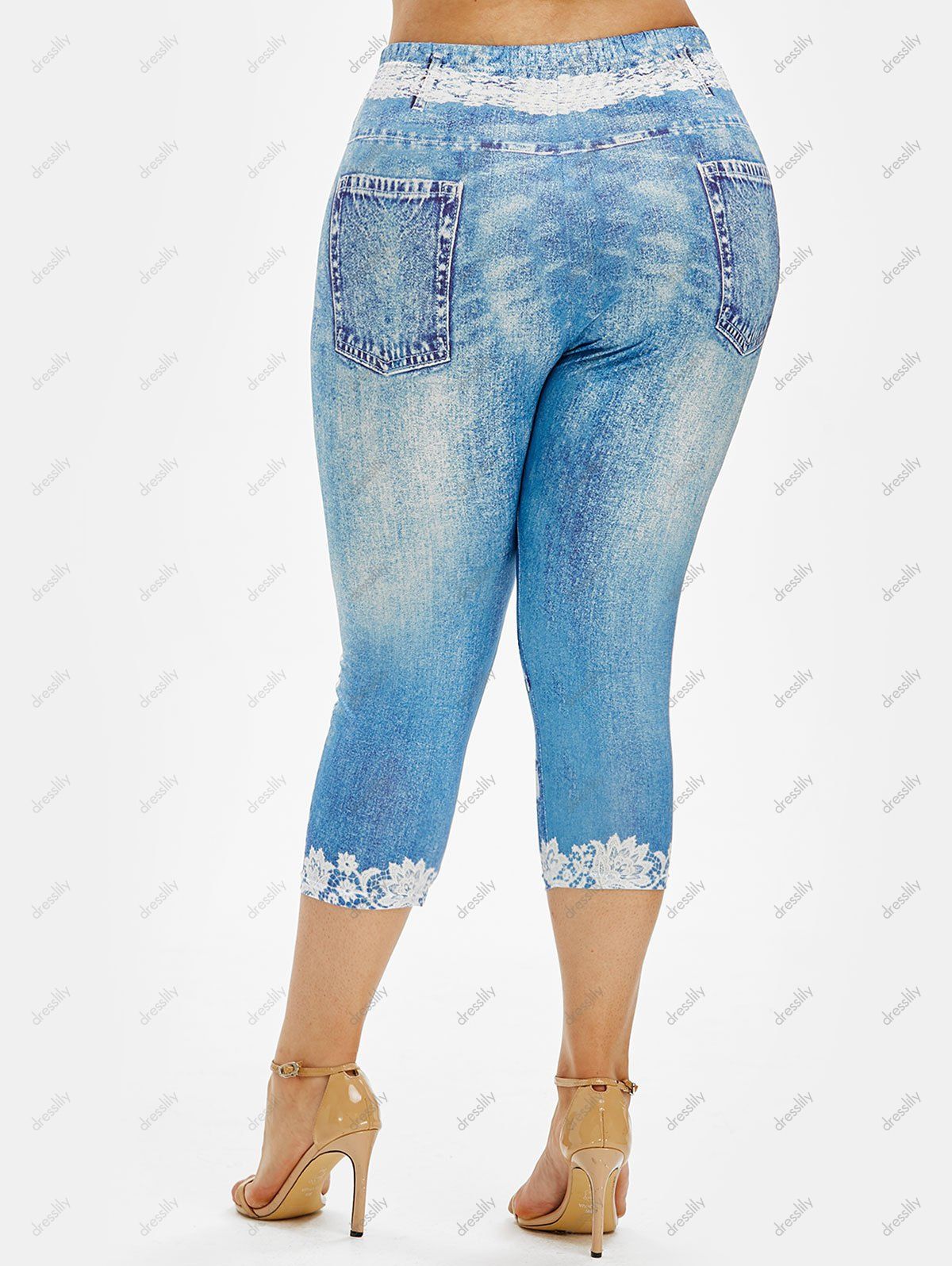 [34 OFF] 2021 Plus Size 3D Jean Print Skinny Capri Leggings In LIGHT