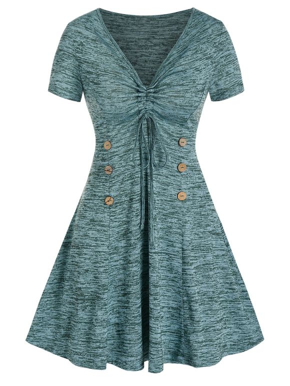 Robe Sanglée Teintée Imprimée avec Bouton - Turquoise Foncée L