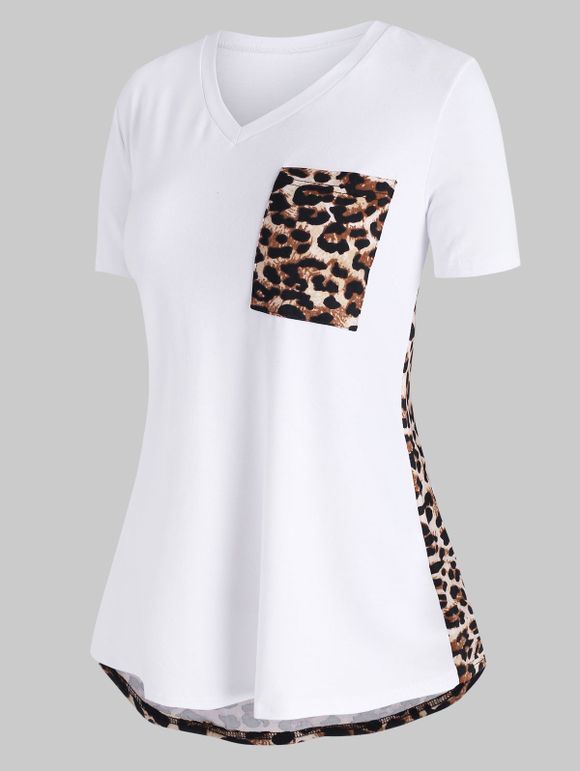 T-shirt Panneau Léopard avec Poche en Avant de Grande Taille à Col V - Blanc XL