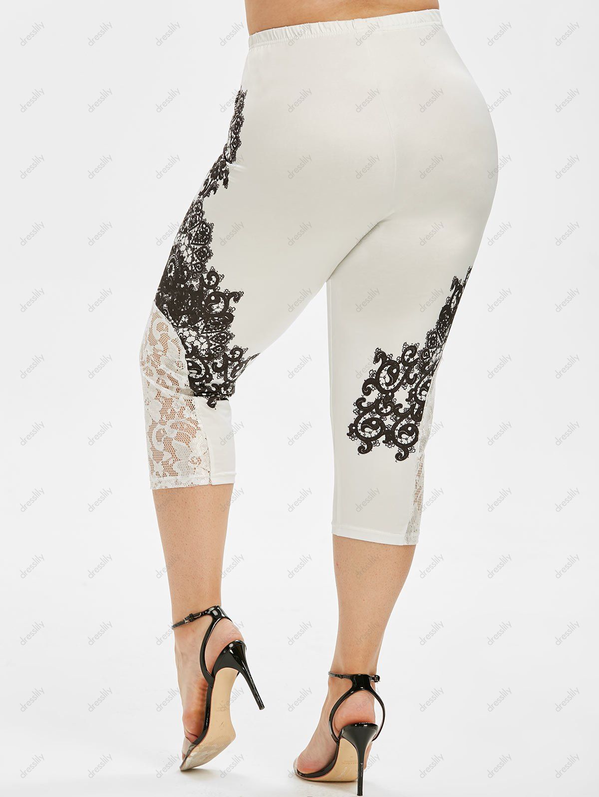 67 Off 2021 Printed Lace Panel High Waisted Plus Size Capri Leggings In White Dresslily 1057