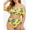 Maillot de Bain Fleuri Imprimé à Epaule Dénudée de Grande Taille Deux Pièces à Volants - Jaune L