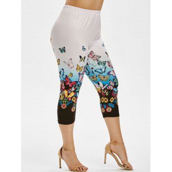 

Plus Size Butterfly Flower High Rise Cropped Leggings, Denim blue