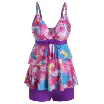 

Layered Flounce Tie Printed Surplice Tankini Swimwear, Light pink