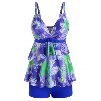 

Layered Flounce Tie Printed Surplice Tankini Swimwear, Blue