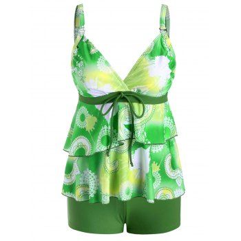 

Layered Flounce Tie Printed Surplice Tankini Swimwear, Green